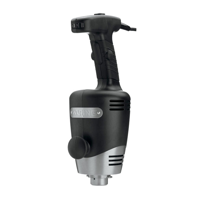 A black and silver Waring commercial hand mixer features a sturdy Motor Housing, pistol-style handle, speed control dial, side knob, and cooling vents—designed for professional kitchen use.
