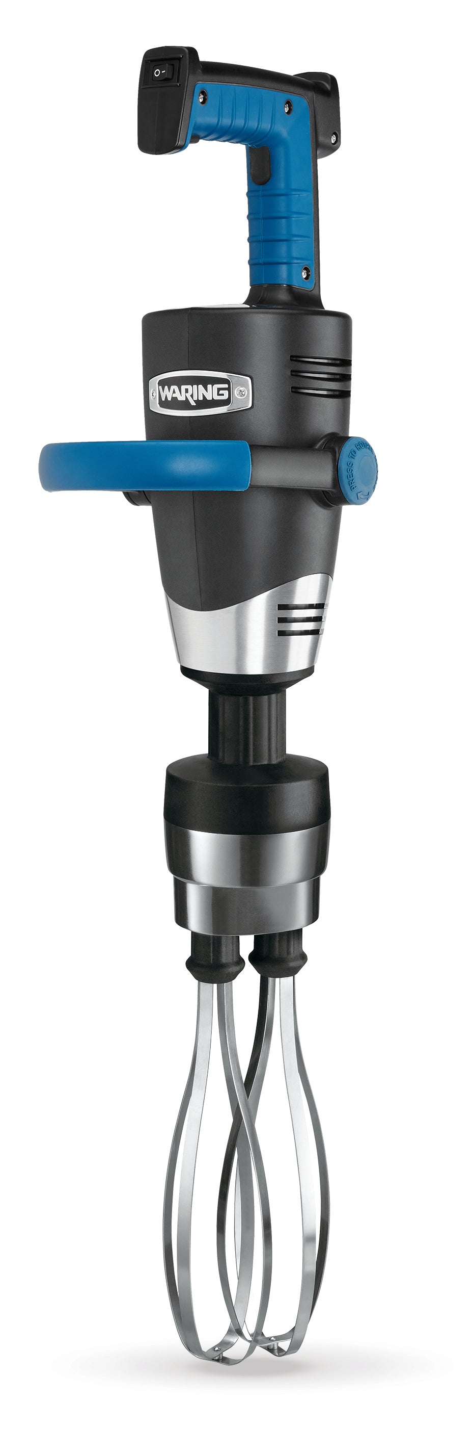 A commercial electric mixer with a blue and black ergonomic handle, silver and black motor housing, and two stainless steel whisks extending from the base for mixing large batches. The brand name Waring is visible on a label.
