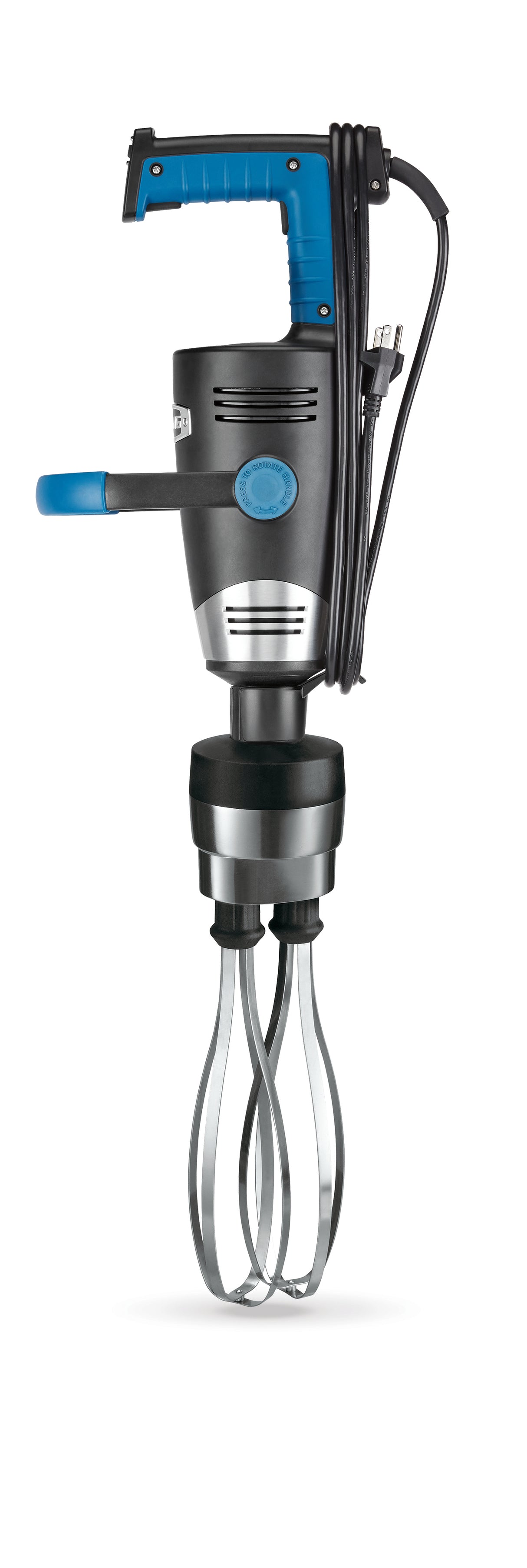 A large handheld electric mixer with a blue and black handle, variable speed motor, black cord wrapped around the top, and two stainless steel whisks at the bottom. The mixer is upright, showing its buttons, side grip, and power cord with a plug.