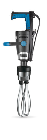 A large handheld electric mixer with a blue and black handle, variable speed motor, black cord wrapped around the top, and two stainless steel whisks at the bottom. The mixer is upright, showing its buttons, side grip, and power cord with a plug.