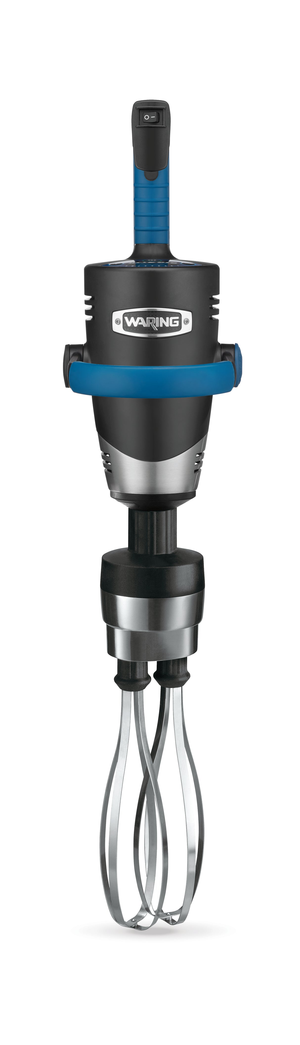 A handheld electric mixer with a black and blue handle, a Waring logo on the body, and two stainless steel whisk attachments at the bottom. The modern design features a variable speed motor and is shown vertically against a white background.