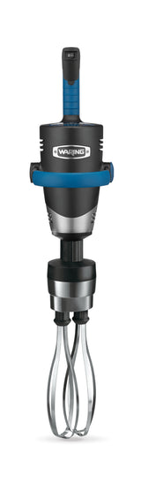 A handheld electric mixer with a black and blue handle, a Waring logo on the body, and two stainless steel whisk attachments at the bottom. The modern design features a variable speed motor and is shown vertically against a white background.