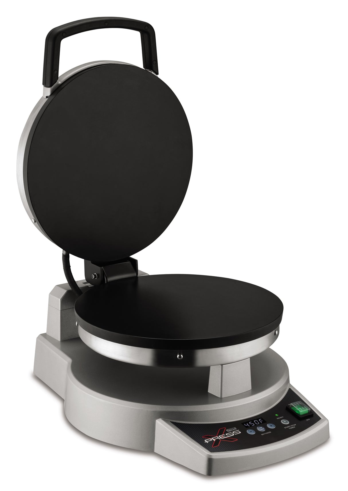 A silver and black multipurpose cooktop with an open lid, round nonstick cooking surfaces, a handle on the top, control buttons, a green power switch, and a digital display. This versatile device sits on a flat surface, ready for use.
