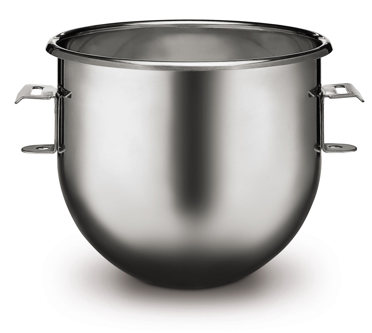 A shiny, 10 qt. stainless steel Mixing Bowl with two metal handles on each side. The bowl has a wide opening, rounded base, and reflective surface, sitting on a white background. It appears clean and empty.