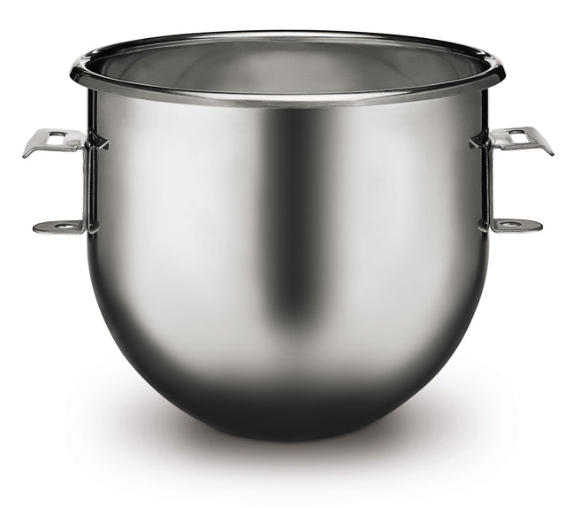 A shiny, 10 qt. stainless steel Mixing Bowl with two metal handles on each side. The bowl has a wide opening, rounded base, and reflective surface, sitting on a white background. It appears clean and empty.