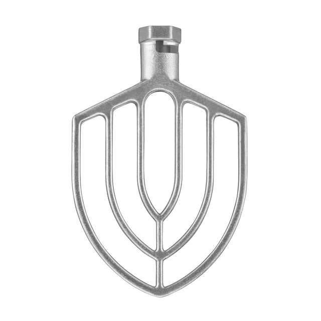 A metal flat beater mixing paddle for a stand mixer, made of aluminum, is shown against a white background. The beater features a geometric, leaf-like design with curved and straight bars and fits WSM10L mixers via its central top shaft.