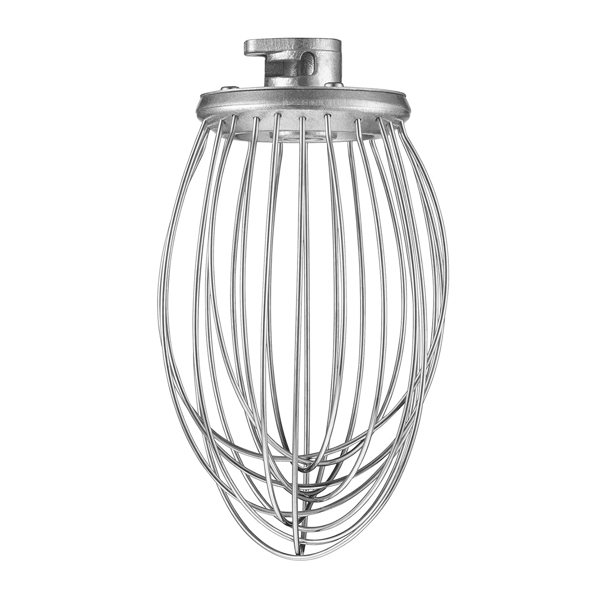 A stainless steel wire whisk attachment for a stand mixer, with curved wires forming a balloon shape and a metallic top for secure Waring mixer attachment. The whisk is isolated on a white background.