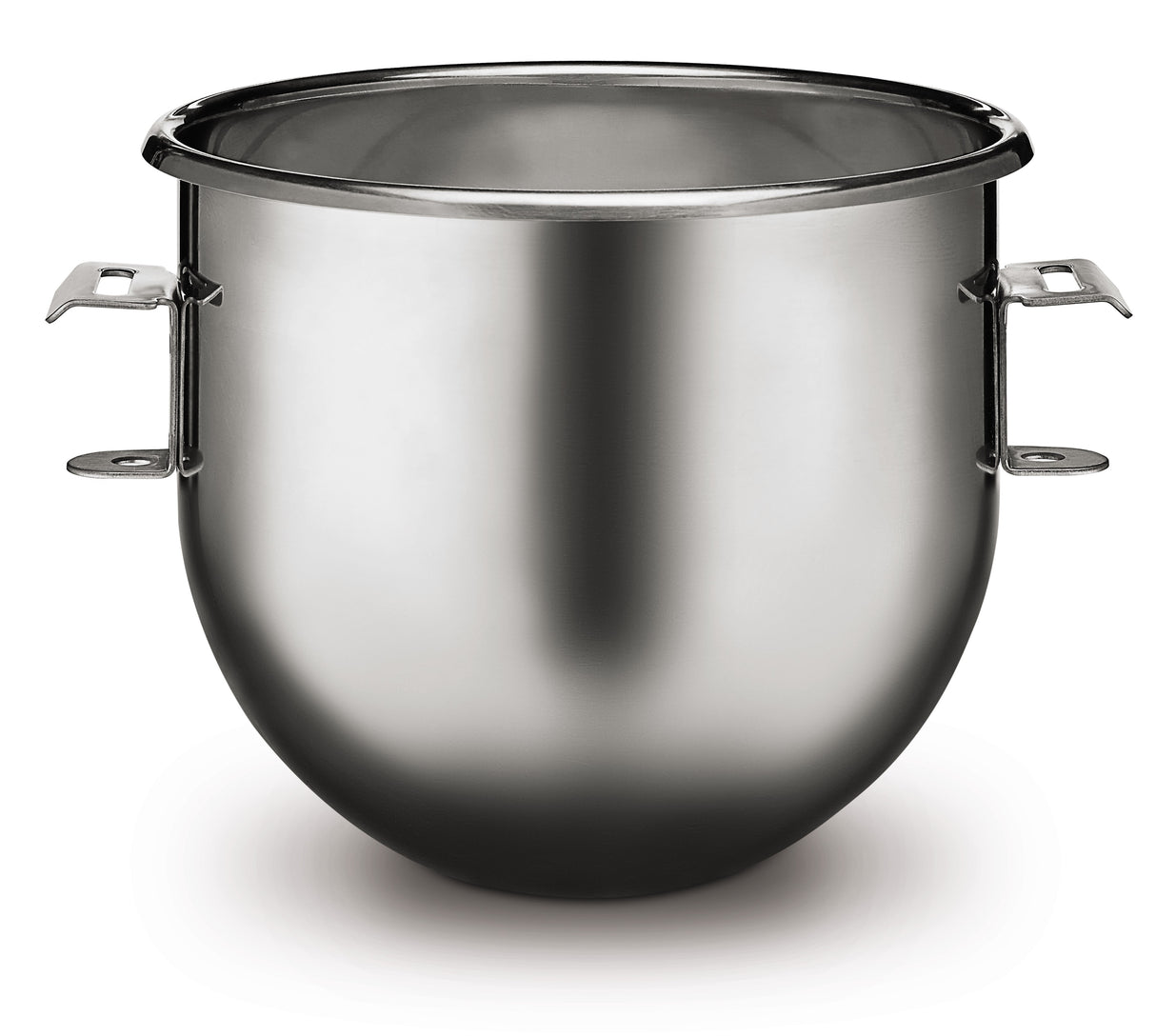 A shiny 20 qt. stainless steel Mixing Bowl with two small metal handles on each side, set against a white background. The bowl has a smooth, rounded shape, reflective surface, and is empty.