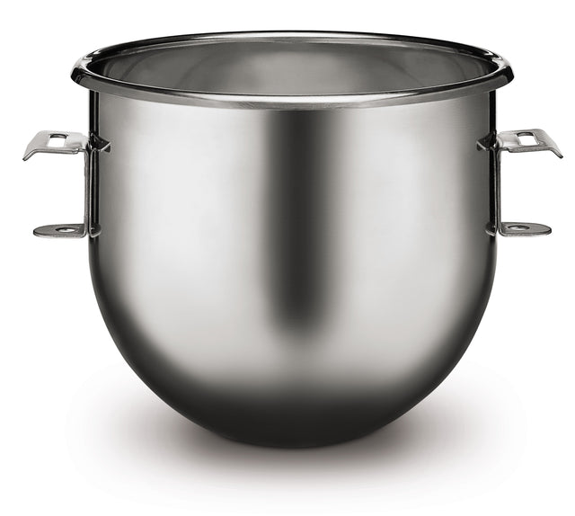 A shiny 20 qt. stainless steel Mixing Bowl with two small metal handles on each side, set against a white background. The bowl has a smooth, rounded shape, reflective surface, and is empty.