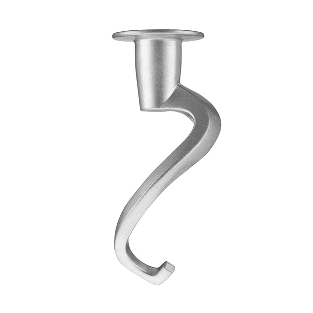 A stainless steel Dough Hook for a stand mixer, featuring a smooth spiral design and wide base. Compatible with WSM20L models, the matte silver hook curves downward with an upturned tip—ideal for kneading dough. Background is white.