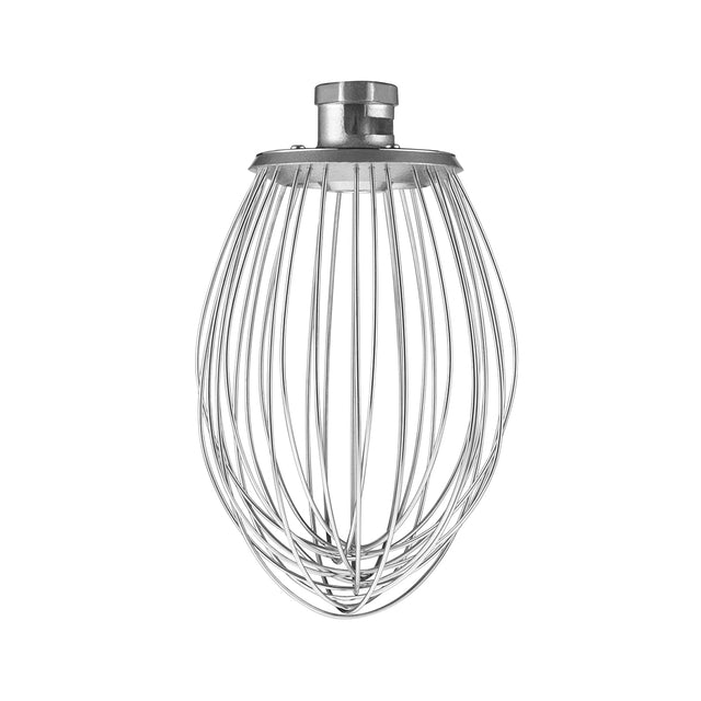 A Waring stainless steel whisk attachment, shaped like a balloon with numerous thin, curved wires, is pictured against a white background. The top of the whisk has a solid metal cap for attaching to a mixer.