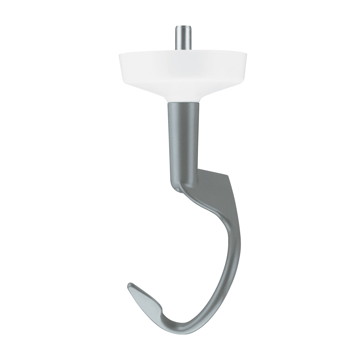 A metallic Dough Hook attachment with a spiral shape and white plastic disk at the top, designed for the Waring WSM7Q stand mixer. The silver-gray hook curves smoothly downward, with a top pin for secure attachment. Background is white.