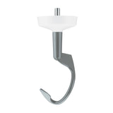 A metallic Dough Hook attachment with a spiral shape and white plastic disk at the top, designed for the Waring WSM7Q stand mixer. The silver-gray hook curves smoothly downward, with a top pin for secure attachment. Background is white.