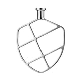 A shiny, stainless steel flat beater attachment for a stand mixer, shaped like a teardrop or shield, with six open sections and a small cylindrical connector. This WSM7L mixing paddle features a smooth, polished appearance.