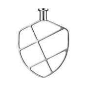 A shiny, stainless steel flat beater attachment for a stand mixer, shaped like a teardrop or shield, with six open sections and a small cylindrical connector. This WSM7L mixing paddle features a smooth, polished appearance.