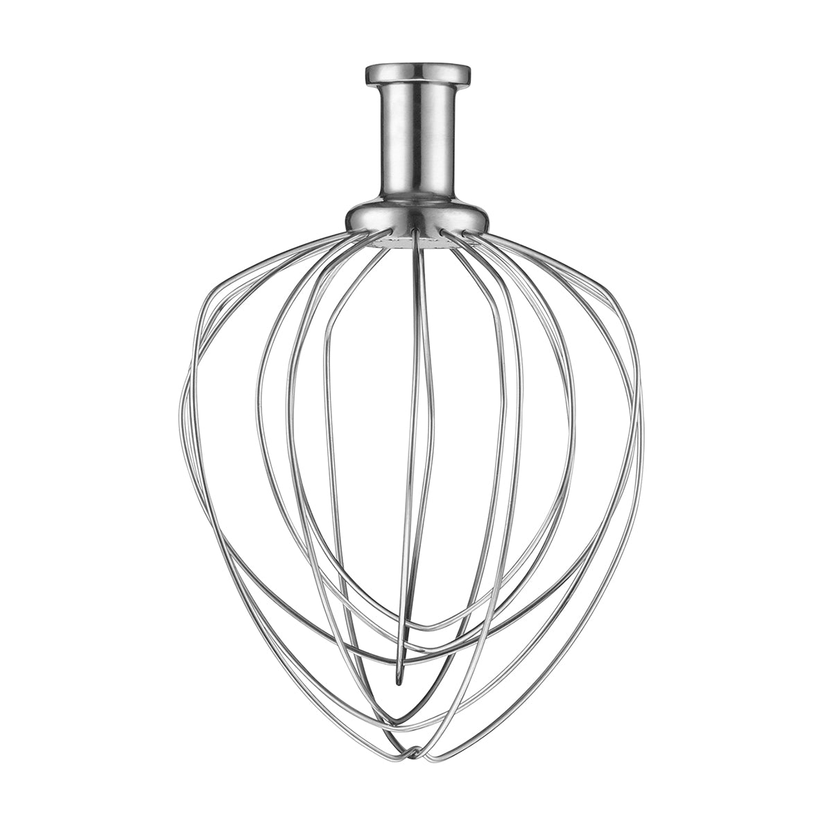 A stainless steel wire whisk attachment for a stand mixer, shown upright on a white background. The Waring whisk features multiple curved, thin wires forming a balloon shape and a solid metal top for connecting to the mixer.