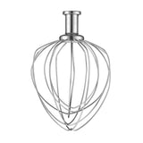 A stainless steel wire whisk attachment for a stand mixer, shown upright on a white background. The Waring whisk features multiple curved, thin wires forming a balloon shape and a solid metal top for connecting to the mixer.