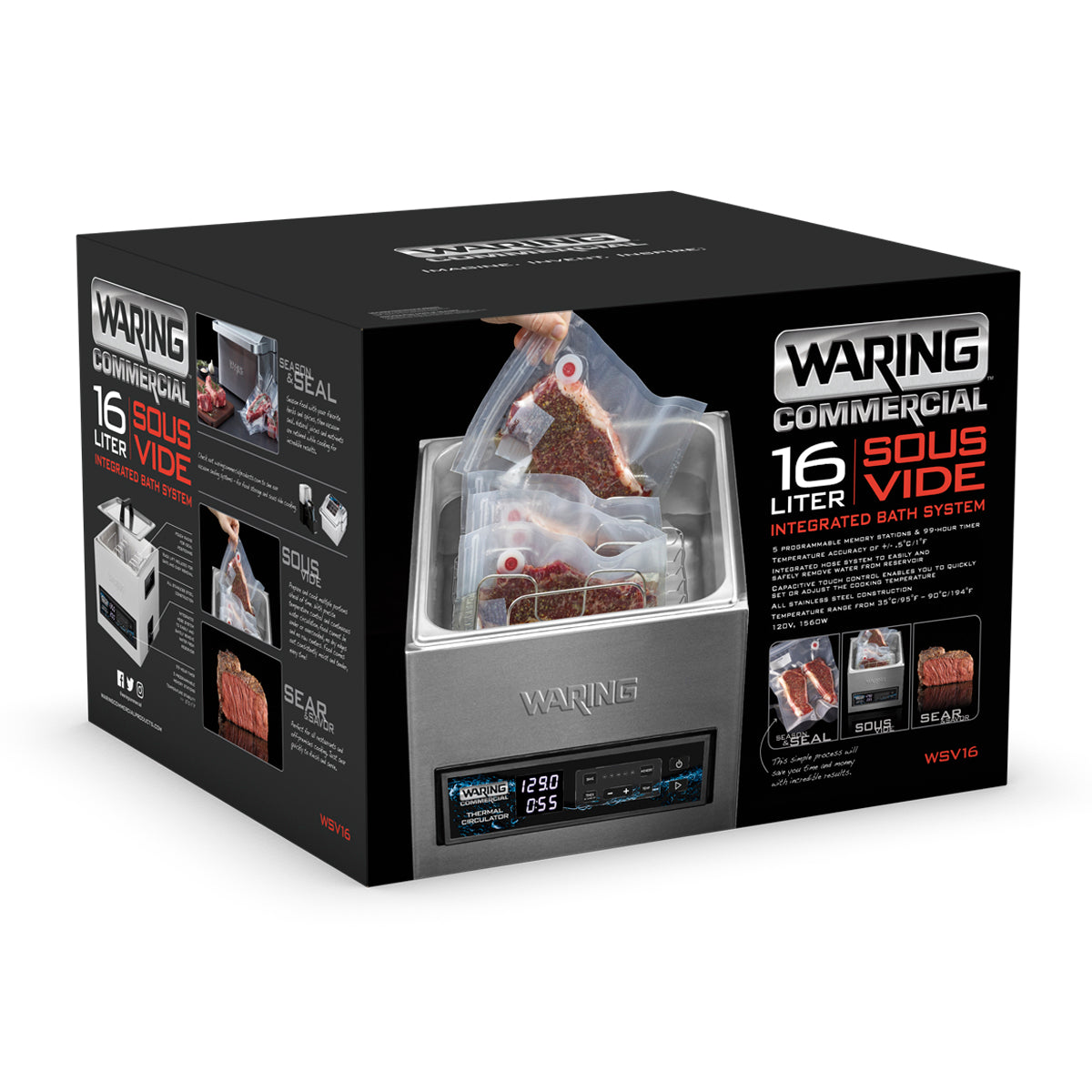 A black and silver box displays the Waring 16-liter Sous Vide Circulating Water Bath. The packaging features photos of vacuum-sealed food bags, the sous vide machine, control panel, and bold white and red product details and branding.