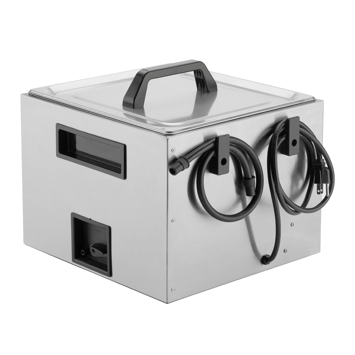 A stainless steel, cube-shaped Waring Sous Vide Circulating Water Bath features a clear lid, black handle, and two coiled black power cords hanging on hooks. With display windows and ports on the front, this 16-liter appliance is utilitarian and modern.