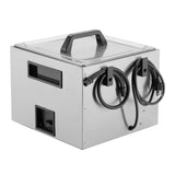 A stainless steel, cube-shaped Waring Sous Vide Circulating Water Bath features a clear lid, black handle, and two coiled black power cords hanging on hooks. With display windows and ports on the front, this 16-liter appliance is utilitarian and modern.