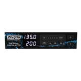 Digital control panel of a Waring Sous Vide Circulating Water Bath, displaying 135.0°F and a 2:00 timer. The 16-liter model features buttons for save, memory, timer, settings, and power with a blue water splash design in the background.