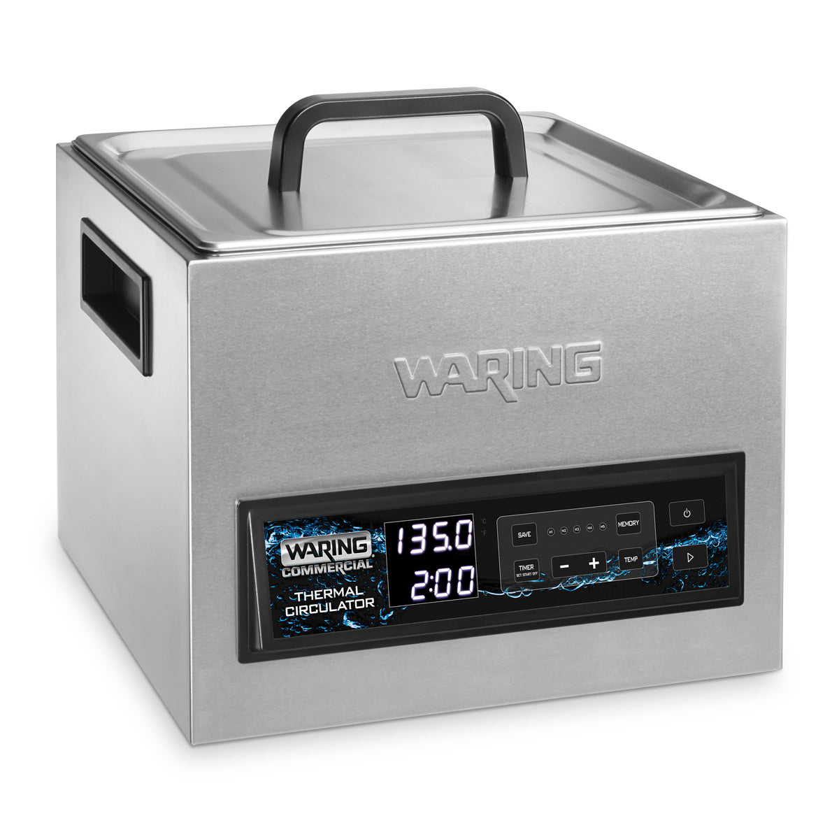 A 16-liter Waring Sous Vide Circulating Water Bath with a stainless steel build, digital display at 135.0°F and 2:00, black control panel with buttons, and a handle on the lid, perfect for precise sous vide cooking.