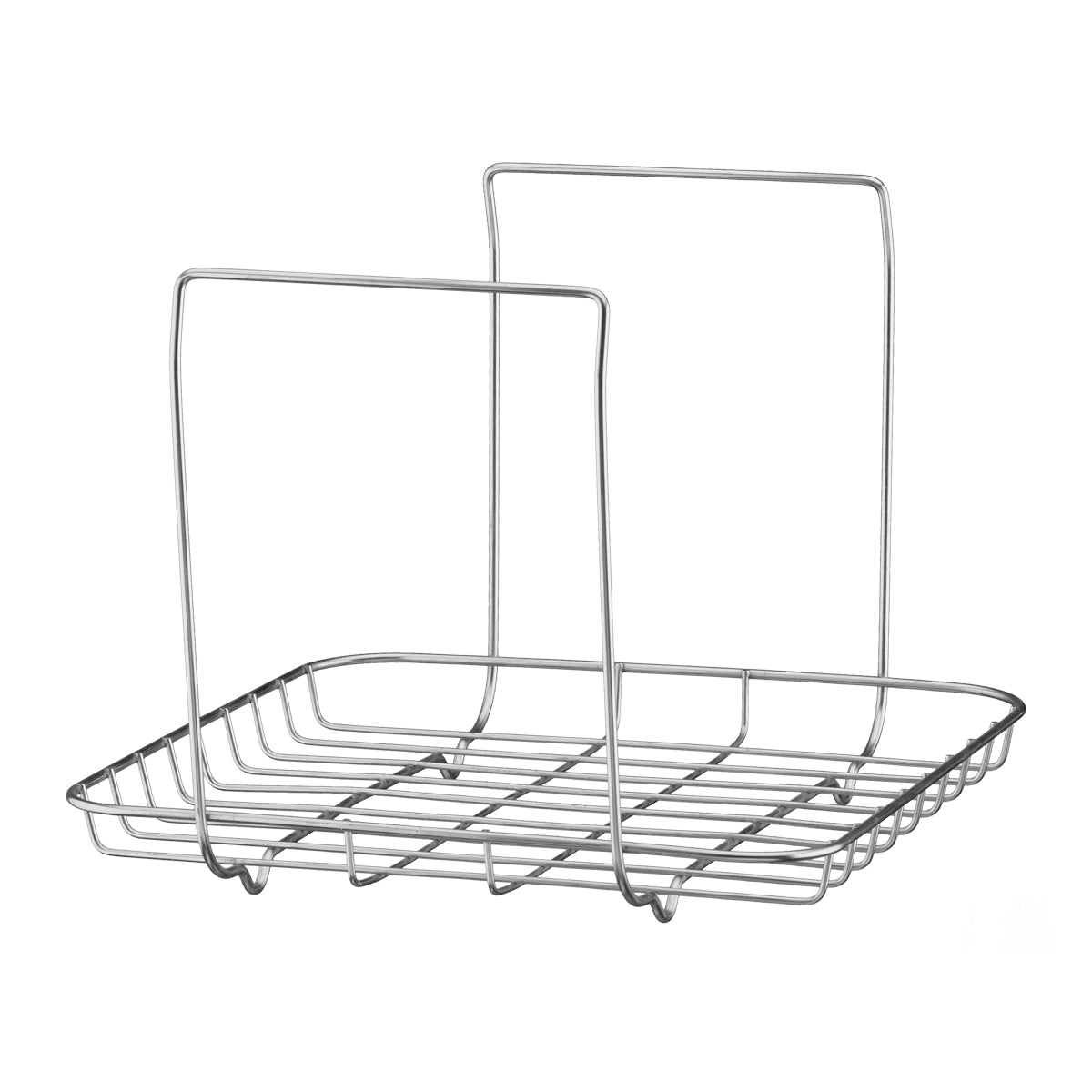 A silver metal rack, compatible with the Waring WSV16 Circulating Water Bath, features a rectangular base and two tall side supports. Its grid-like, freestanding design allows for excellent ventilation and drainage—a minimalist solution for organized storage.