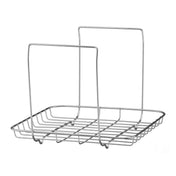A silver metal rack, compatible with the Waring WSV16 Circulating Water Bath, features a rectangular base and two tall side supports. Its grid-like, freestanding design allows for excellent ventilation and drainage—a minimalist solution for organized storage.