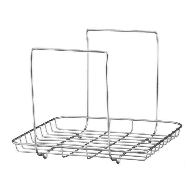 A silver metal rack, compatible with the Waring WSV16 Circulating Water Bath, features a rectangular base and two tall side supports. Its grid-like, freestanding design allows for excellent ventilation and drainage—a minimalist solution for organized storage.
