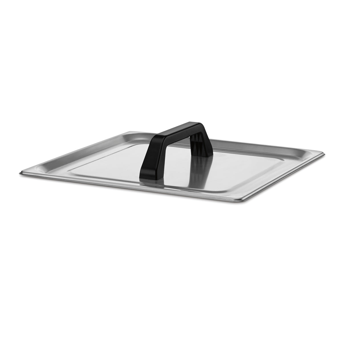 A square, stainless steel cover designed for the Waring WSV16 Circulating Water Bath, featuring a flat surface and a large black rectangular handle in the center, shown against a plain white background.