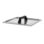 A square, stainless steel cover designed for the Waring WSV16 Circulating Water Bath, featuring a flat surface and a large black rectangular handle in the center, shown against a plain white background.