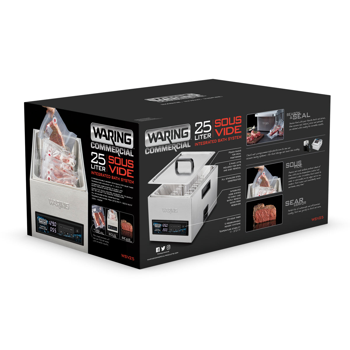 A black product box for the Waring Commercial 25-liter Sous Vide Circulating Water Bath showcases images of the stainless steel device, its digital display, vacuum-sealed meats, and highlights programmable memory stations with details in white and red text.