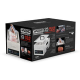 A black product box for the Waring Commercial 25-liter Sous Vide Circulating Water Bath showcases images of the stainless steel device, its digital display, vacuum-sealed meats, and highlights programmable memory stations with details in white and red text.