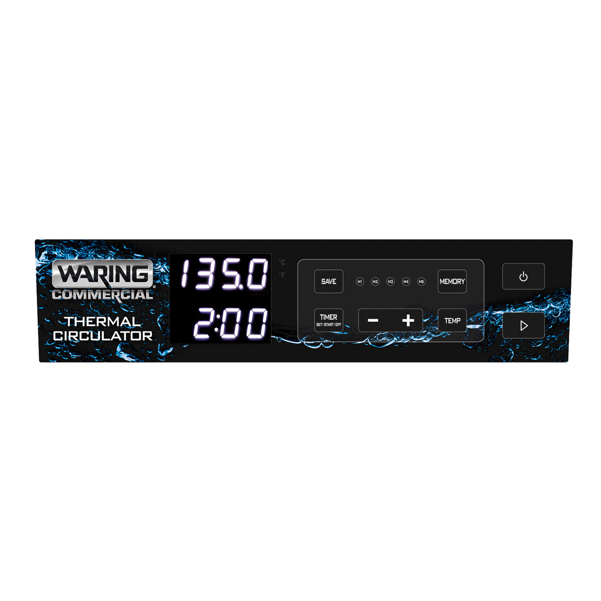 A digital control panel for the Waring 25-liter Sous Vide Circulating Water Bath displays “135.0” and “2:00” in white digits. Buttons include power, timer, increase/decrease, save, memory, and top on a black background with blue water splash graphics.