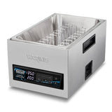 The Waring 25-liter Sous Vide Circulating Water Bath features a stainless steel build, digital control panel, side handles, transparent lid, and internal wire rack for vacuum-sealed bags. The display shows precise temperature and time settings.