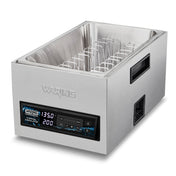 A 25-liter Sous Vide Circulating Water Bath with a stainless steel build, digital control panel, programmable memory stations, wire rack inside, and black side handles. The Waring brand is embossed on the front display showing temperature and time.
