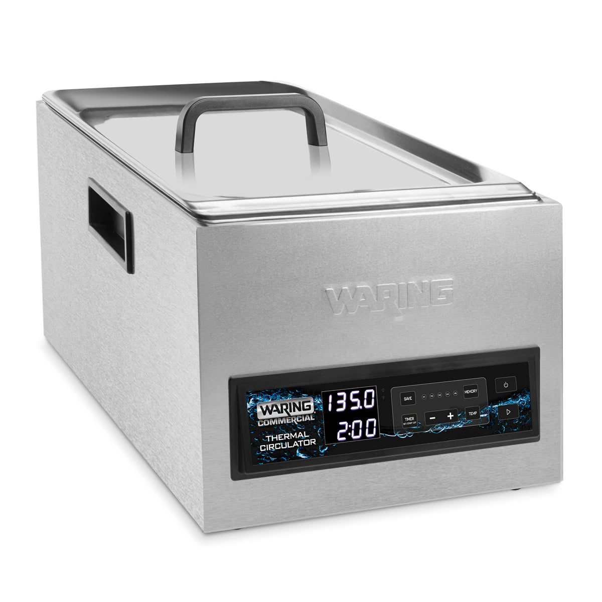 A 25-liter Waring Sous Vide Circulating Water Bath features a stainless steel body, lid, side handles, and a digital panel displaying 135.0°F and 2:00. The panel reads Waring Commercial Thermal Circulator; Waring is embossed on the front.