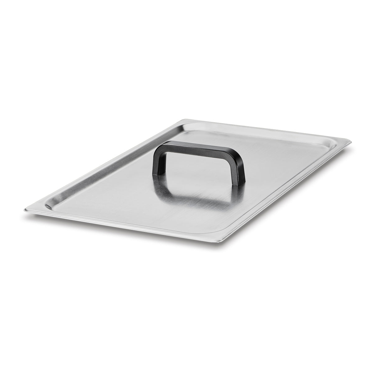 A rectangular stainless steel WSV25 cover with a flat surface and a raised, rectangular black handle in the center, resting on a white background. The lid features slightly rounded edges and a brushed metal finish—ideal for Waring circulating water baths.