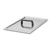 A rectangular stainless steel WSV25 cover with a flat surface and a raised, rectangular black handle in the center, resting on a white background. The lid features slightly rounded edges and a brushed metal finish—ideal for Waring circulating water baths.
