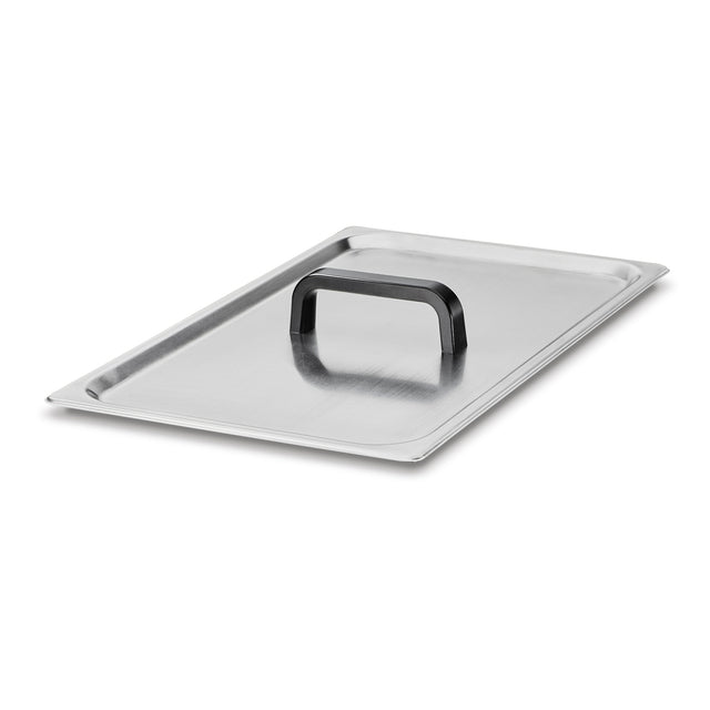 A rectangular stainless steel WSV25 cover with a flat surface and a raised, rectangular black handle in the center, resting on a white background. The lid features slightly rounded edges and a brushed metal finish—ideal for Waring circulating water baths.