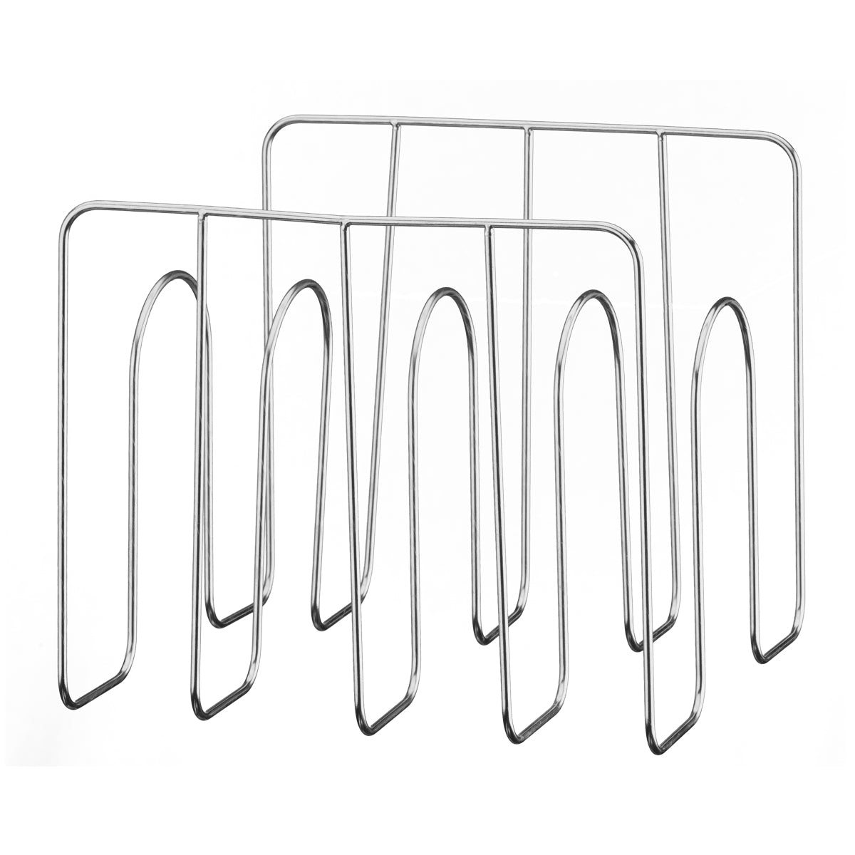 Two metal wire pouch racks with multiple vertical slots form wide, rounded arches. Positioned side by side and slightly overlapping, they are ideal for organizing baking sheets, lids, or cutting boards. Background is white. Model: WSV25.
