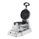 A heavy-duty stainless steel Belgian Waffle Maker with a round nonstick plate, browning control dial, indicator lights, and a top handle for rotating and flipping—perfect for international use and creating delicious waffles every time.