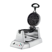 A heavy-duty stainless steel Belgian Waffle Maker with a round nonstick plate, browning control dial, indicator lights, and a top handle for rotating and flipping—perfect for international use and creating delicious waffles every time.