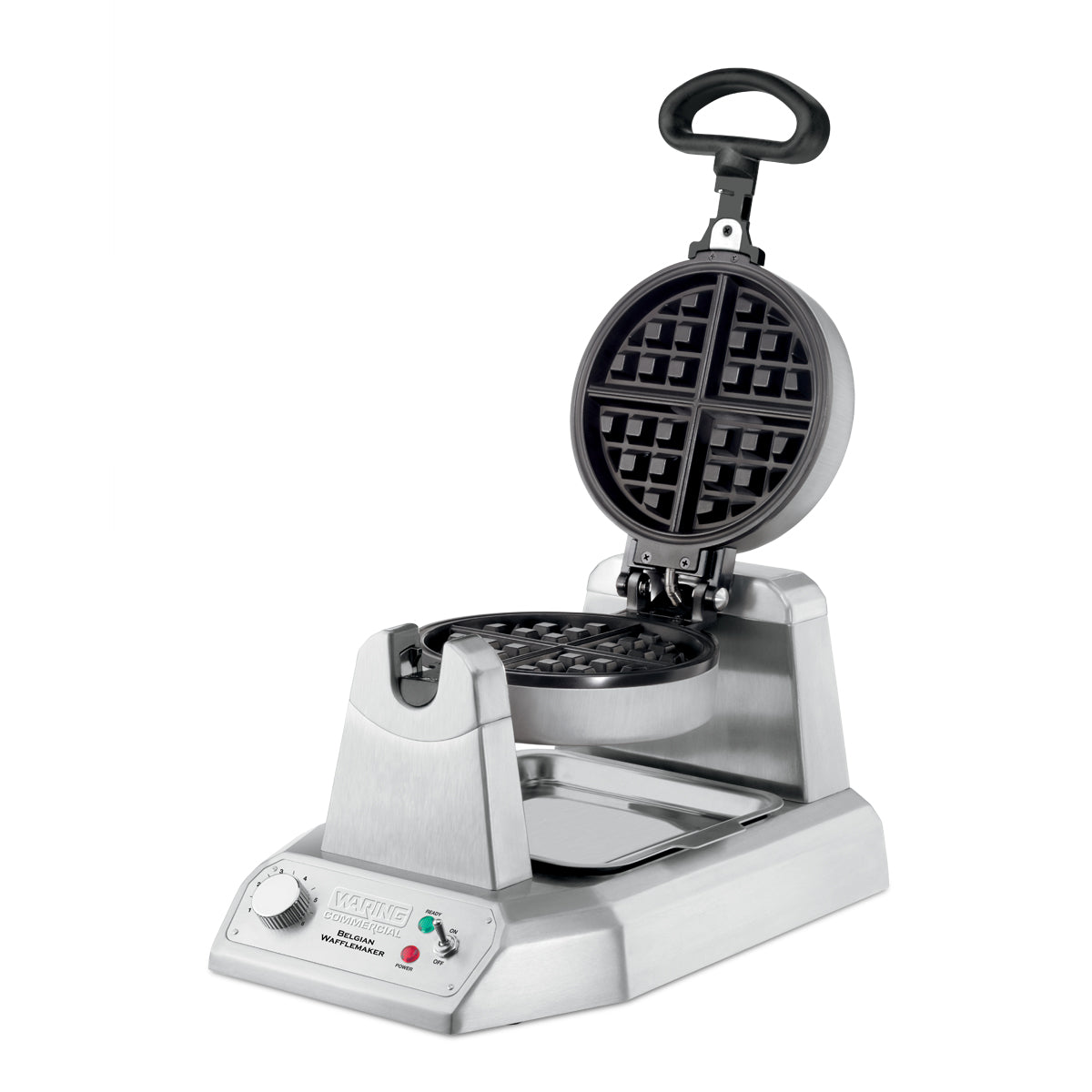 This heavy-duty Belgian Waffle Maker features a round, nonstick plate that opens vertically. Its stainless steel base includes a control dial, indicator lights, Waring Pro branding, and a drip tray—ideal for international use.
