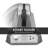 A stainless steel Belgian Waffle Maker with non-stick plates and a rotary feature, showing a round handle on top and control knob, indicator lights, and branding on the front panel. A black banner text reads ROTARY FEATURE for Even Baking and Browning.