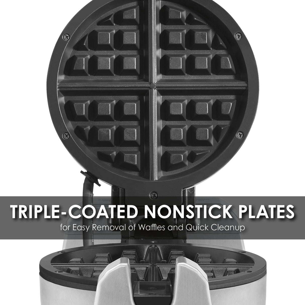A black Belgian Waffle Maker with heavy-duty, triple-coated non-stick plates is open, displaying four waffle sections. Text on the image reads: TRIPLE-COATED NONSTICK PLATES for Easy Removal of Waffles and Quick Cleanup.