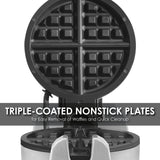 A black Belgian Waffle Maker with heavy-duty, triple-coated non-stick plates is open, displaying four waffle sections. Text on the image reads: TRIPLE-COATED NONSTICK PLATES for Easy Removal of Waffles and Quick Cleanup.