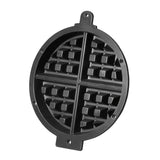 A round black waffle mold, compatible with the Waring WW180X Belgian Waffle Replacement Kit, features non-stick material and four equal sections divided by cross-shaped ridges. Small circular tabs with holes at each end allow for easy handling or hanging.
