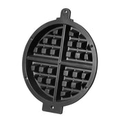 A round black waffle mold, compatible with the Waring WW180X Belgian Waffle Replacement Kit, features non-stick material and four equal sections divided by cross-shaped ridges. Small circular tabs with holes at each end allow for easy handling or hanging.