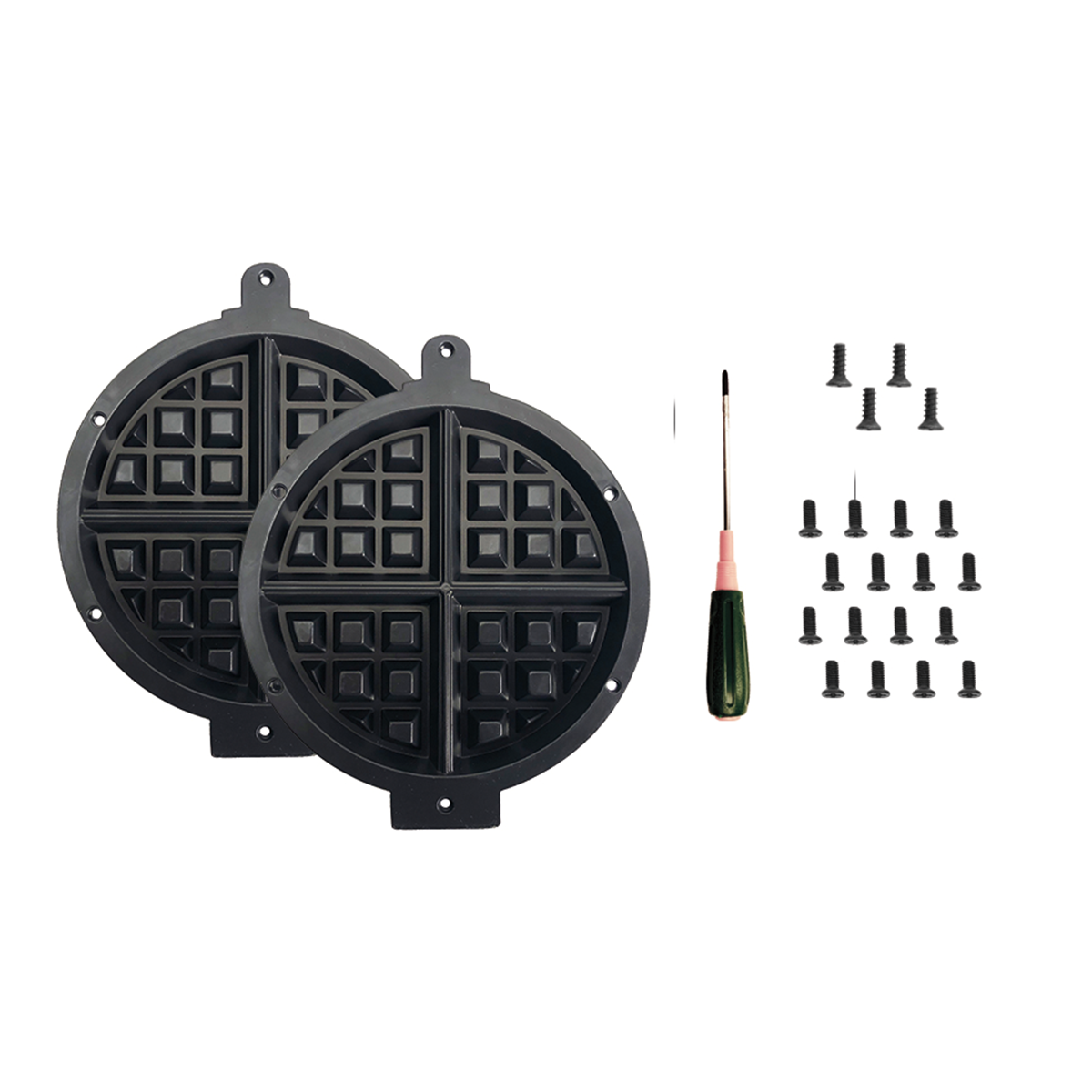 Two round black waffle plates with four sections each, part of the Waring WW180XRP Belgian Waffle Replacement Kit, are shown alongside a green-handled screwdriver and an assortment of small screws arranged neatly on a white background.